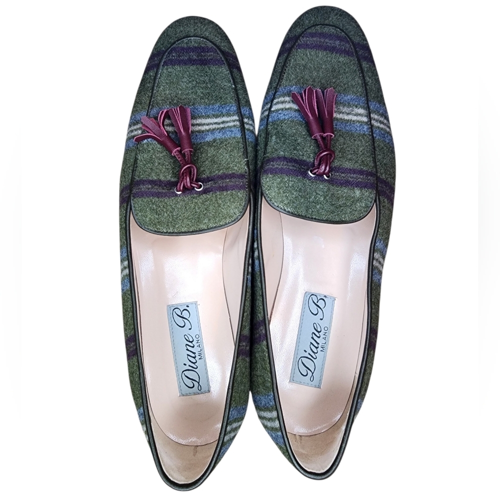 Diane B. Milano Italian Wool Striped Tassel Loafers - Green/Multi - Size 40